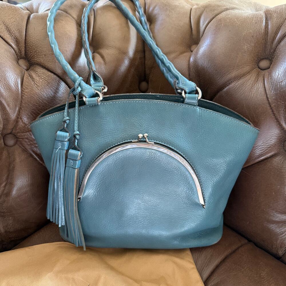 Patricia Nash Zorita Leather Tote Kiss Lock Teal Blue